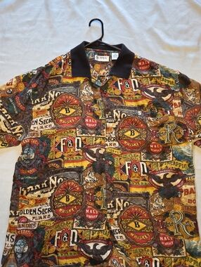 Summa Silk Shirt Mens L 100% Silk Whiskey Print Button Up Short Sleeve